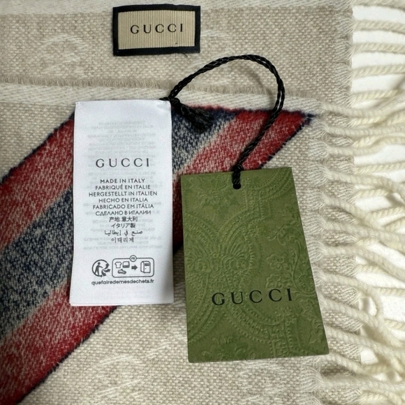 Nwt AUTHENTIC Gucci Beige Wool Scarf with Red and Blue Accents - Picture 2 of 4